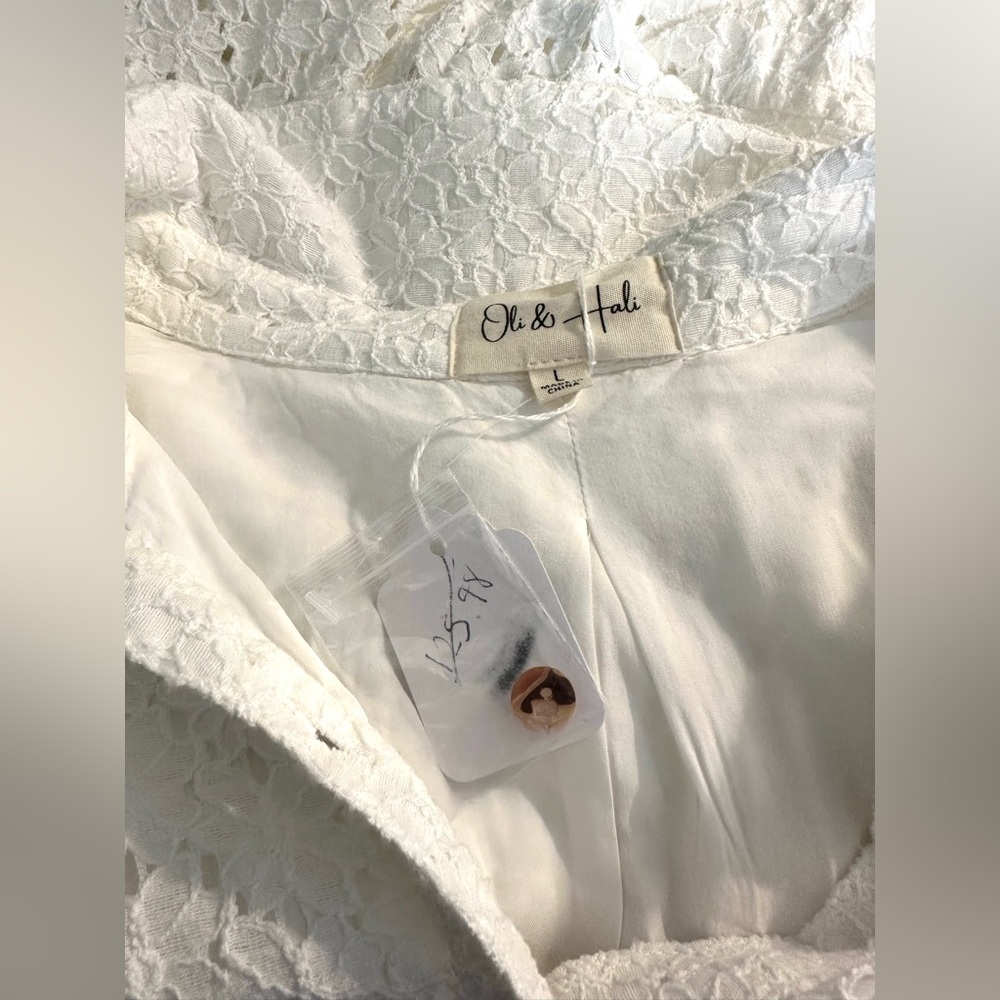 New OLI + HALI Camilla Midi Dress White Eyelet Boho Oversized Cotton Tiered Knit - Picture 8 of 12